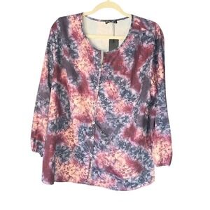 NWT Sheilay Floral Blouse 2XL Purple Pink Elastic Cuffs Lightweight Retro Boho